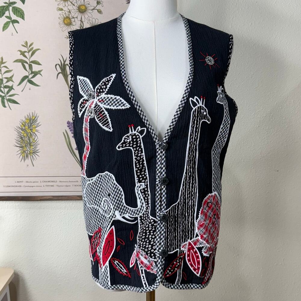 90s Embroidered Safari Animal Oversized Vest Whimsical Art Teacher Whimsy Twee S